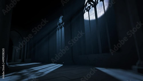 scary medieval castle corridor at night. moonlight passing through windows. 3d rendering
