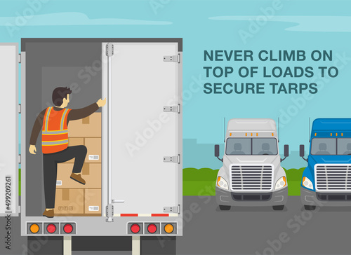Heavy vehicle driving rules and tips. Checklist for truck drivers. Never climb on top of loads to secure tarps. Semi-trailer loaded with cardboard boxes. Flat vector illustration template.