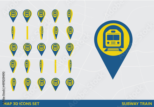 Maps 3D Icon Set Rotation Subway Train Sign Vector Illustration