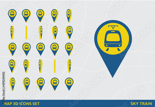 Maps 3D Icon Set Rotation Sky Train Sign Vector Illustration