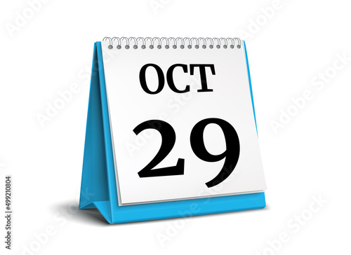 Calendar on white background. 29 October. 3D illustration.