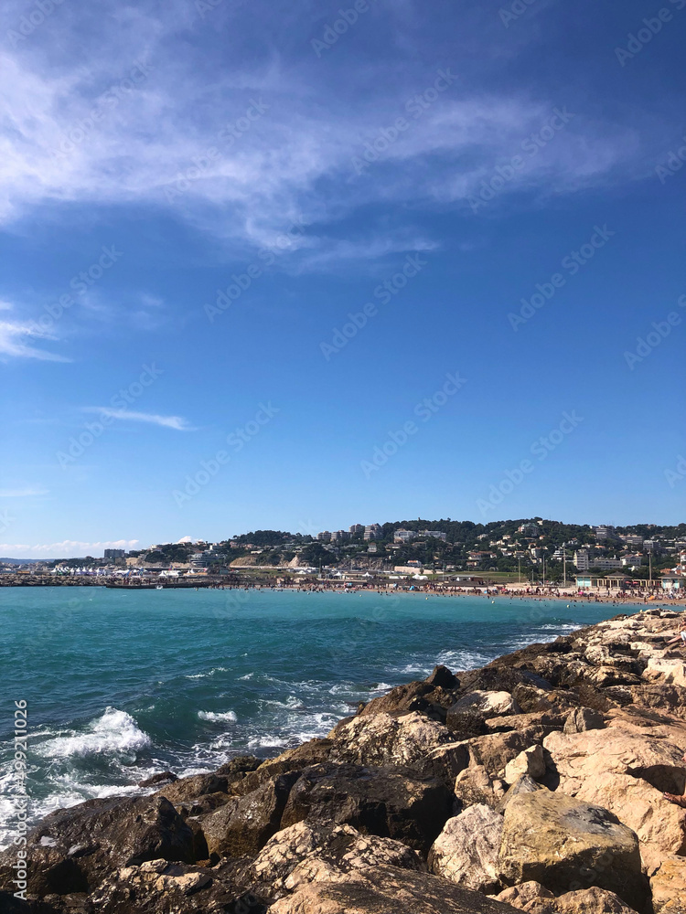 Scenic crowded view of Prado beach on beautiful sunny summer day in Marseille France