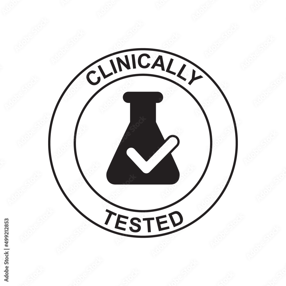 Clinically tested label, clinically approved label icon in black flat glyph, filled style isolated on white background Clinically tested label, clinically approved label icon in black flat glyph, filled style isolated on white background