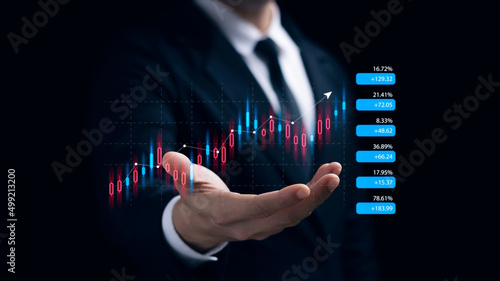 Strategic analysis of buying and selling stocks with long-term growth, business people are showing virtual holograms of stocks growing on the stock market.