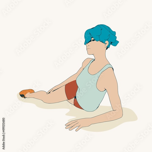 Lying woman. Sport girl illustration. Casual sportwear - t-shirt, breeches and sneakers. Young woman wearing workout clothes. Sport fashion girl outline in urban casual style.