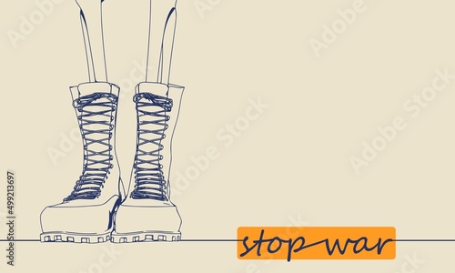 Military boots with human legs bones and motivation text. Anti war banner. Thin line style