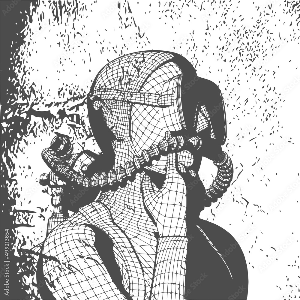 Fototapeta premium Monochrome silhouette of confused diver. Mesh grid texture