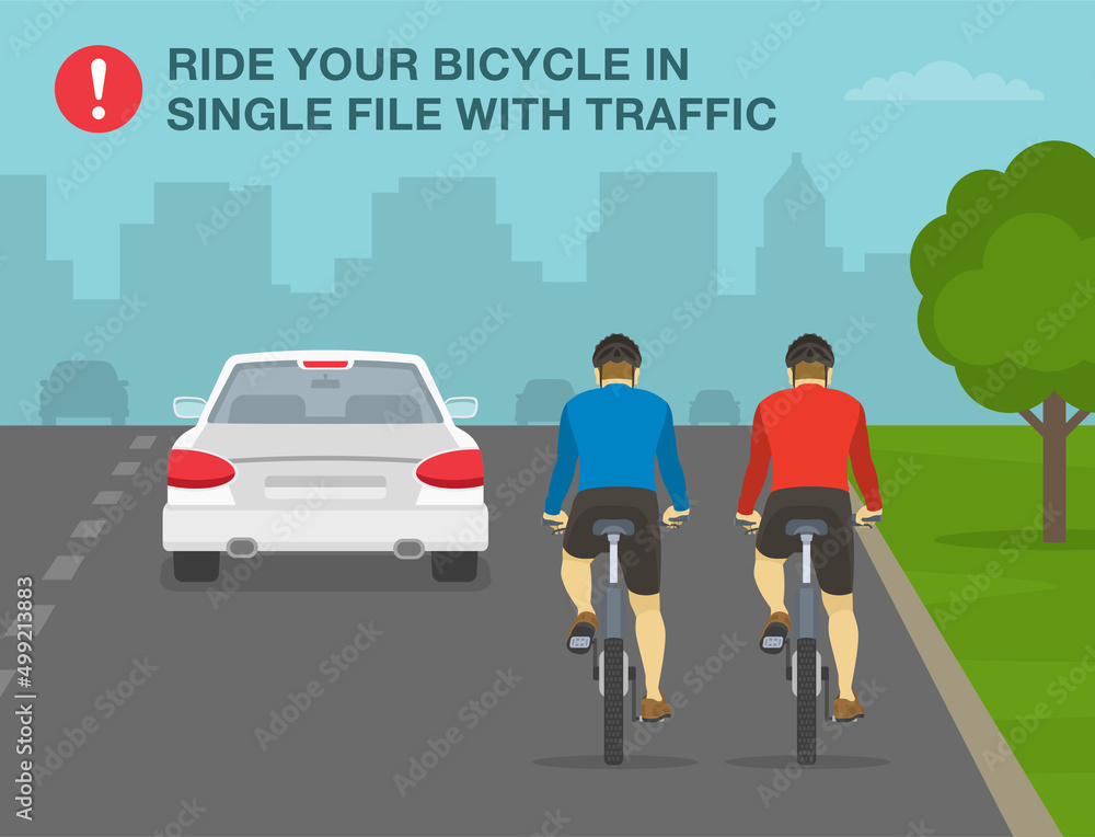 Safe bicycle riding rules and tips. Cyclists riding bike in two abreast