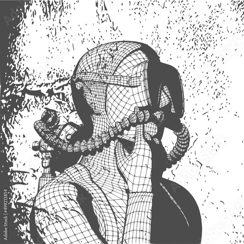 Monochrome silhouette of confused diver. Mesh grid texture