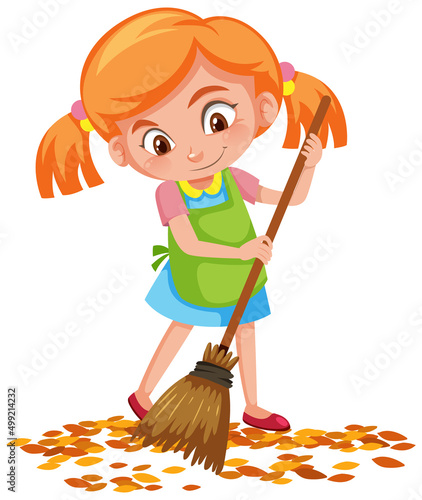 Girl sweep the leaves on the floor