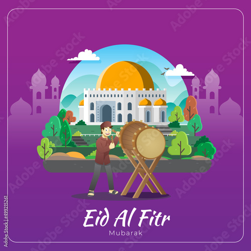 Eid al fitr greetings with a boy hitting a ceremonial drum