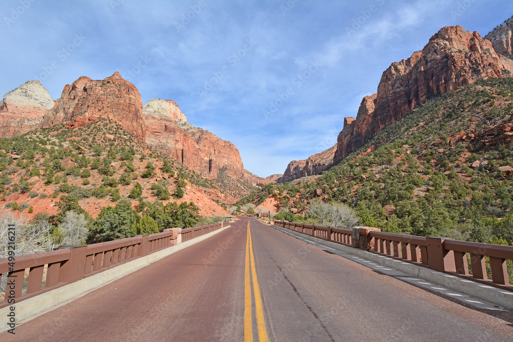 Highway bridge leading to the entrance of world famous Zion National Park in Utah, USA Highway bridge leading to the entrance of world famous Zion National Park in Utah, USA