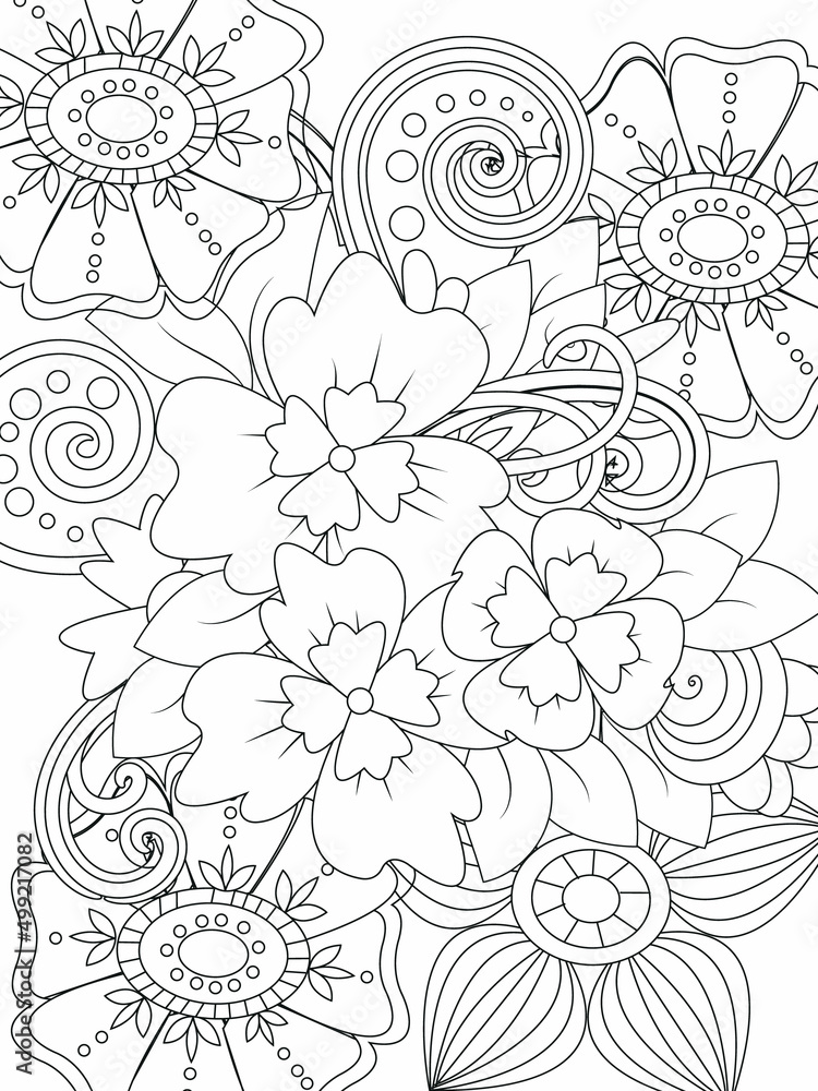 Plakat Doodle floral pattern in black and white. A page for coloring book: very interesting and relaxing job for children and adults. Zentangle drawing. Flower carpet in a magic garden