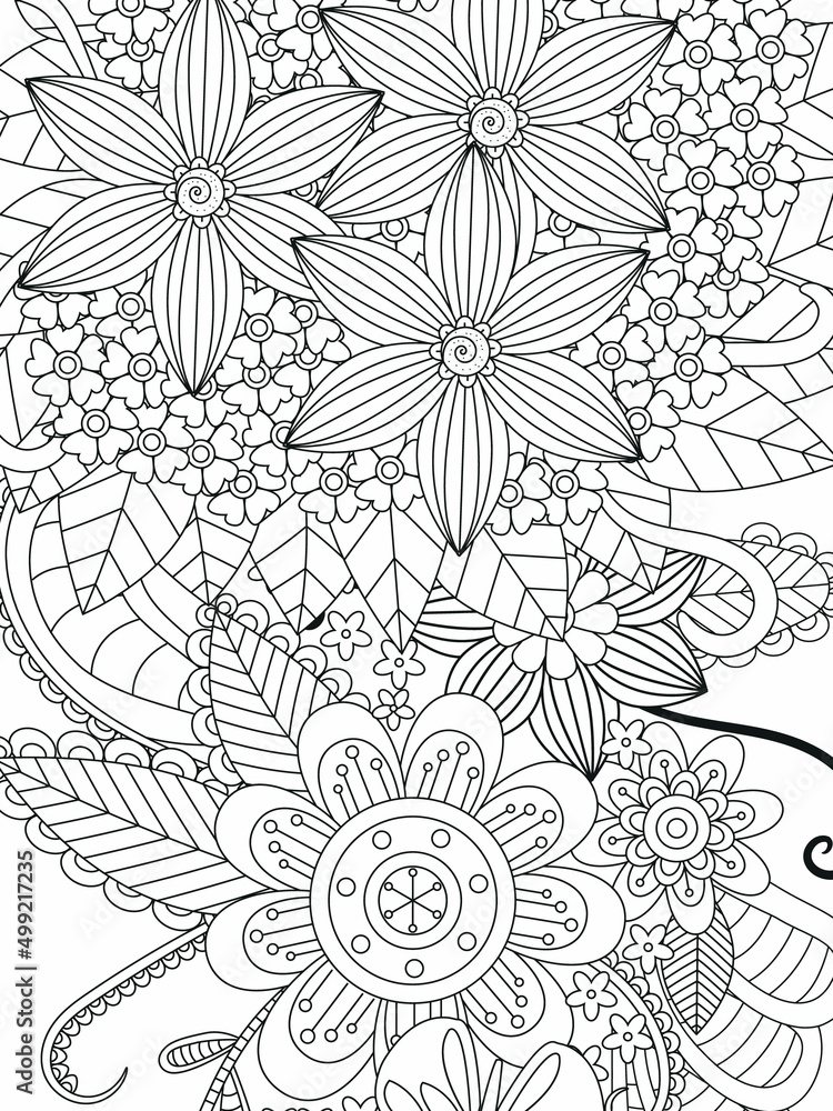 Doodle floral pattern in black and white. A page for coloring book: very interesting and relaxing job for children and adults. Zentangle drawing. Flower carpet in a magic garden Doodle floral pattern in black and white. A page for coloring book: very interesting and relaxing job for children and adults. Zentangle drawing. Flower carpet in a magic garden