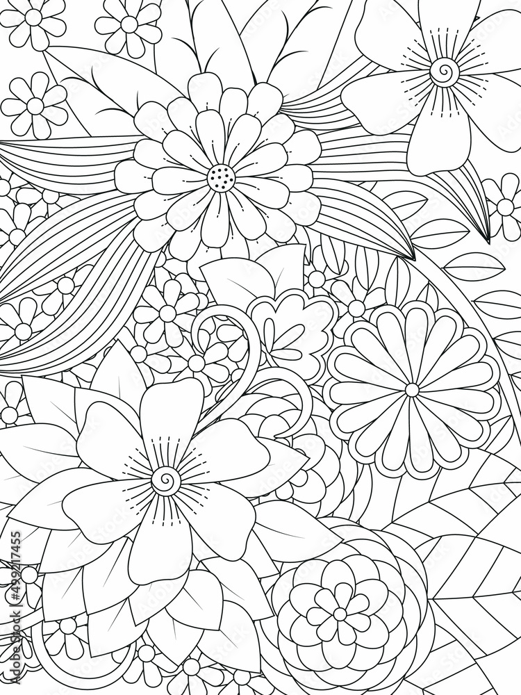 Doodle floral pattern in black and white. Page for coloring book: very interesting and relaxing job for children and adults. Zentangle drawing. Flower carpet in magic garden Doodle floral pattern in black and white. Page for coloring book: very interesting and relaxing job for children and adults. Zentangle drawing. Flower carpet in magic garden