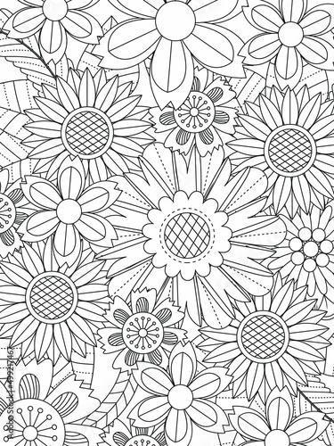 Doodle floral pattern in black and white. Page for coloring book  very interesting and relaxing job for children and adults. Zentangle drawing. Flower carpet in magic garden