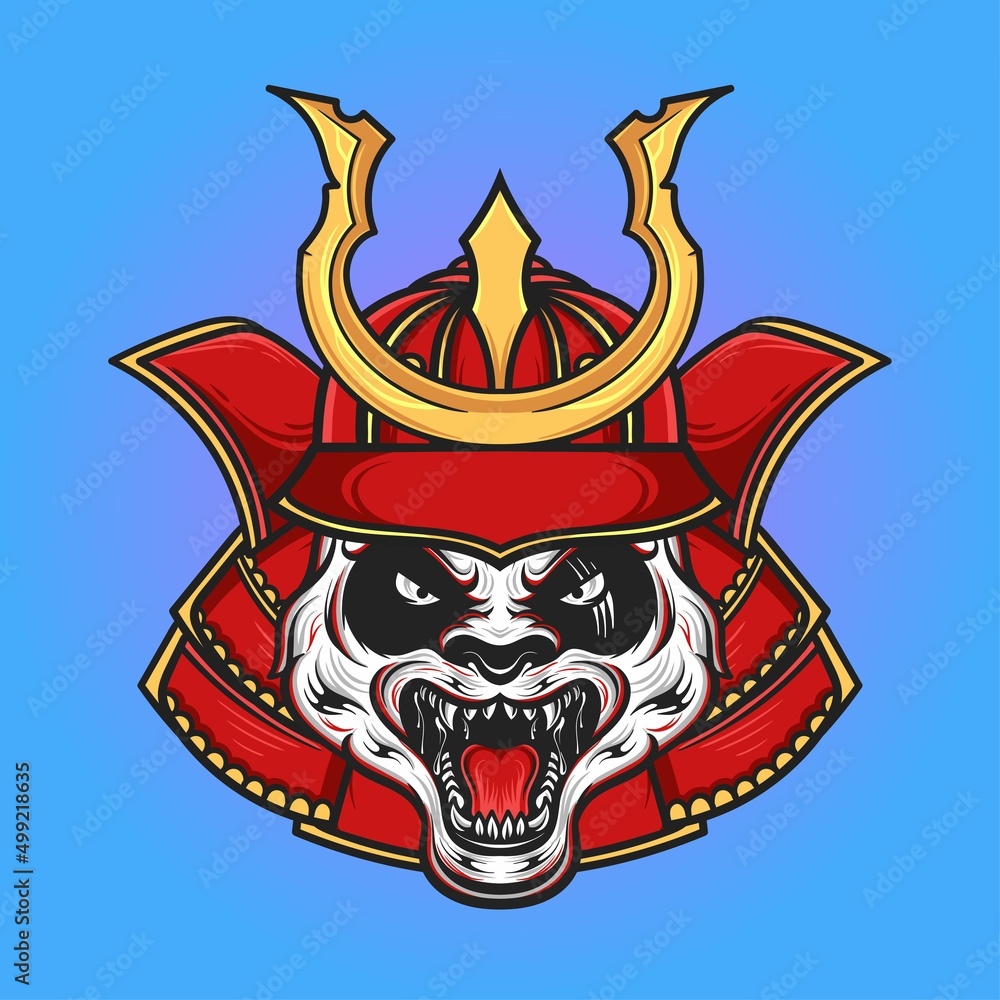 Angry panda animal wearing samurai helmet vector illustration Angry panda animal wearing samurai helmet vector illustration