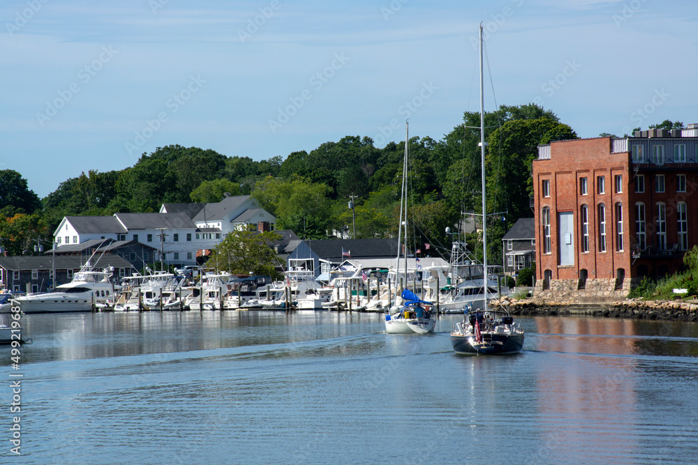 boat harbor in Mystic, CT. View of Mystic rivet, Connecticut. Historic Mystic Seaport in Connecticut. Summer 2021 - obrazy, fototapety, plakaty 