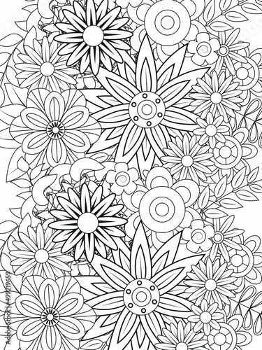Doodle floral pattern in black and white. A page for coloring book  very interesting and relaxing job for children and adults. Zentangle drawing. Flower carpet in a magic garden
