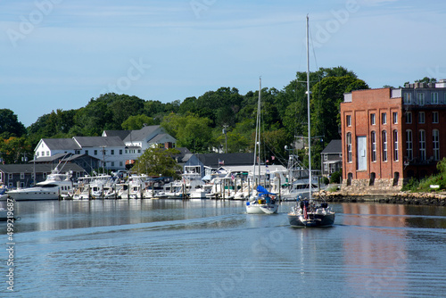 boat harbor in Mystic, CT. View of Mystic rivet, Connecticut. Historic Mystic Seaport in Connecticut. Summer 2021