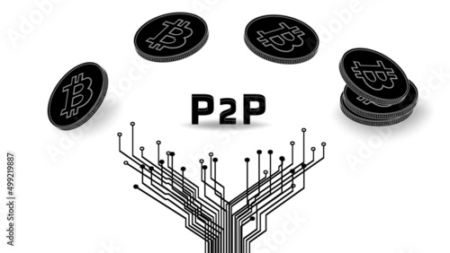 Flying BTC coins silhouette with PCB tracks isolated on white background. Concept of transferring cryptocurrency bitcoin BTC peer to peer P2P.