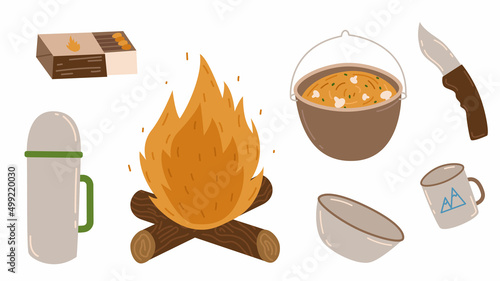 Camping and hiking set, hand drawn elements - campfire, matches, thermos, knife, pot and dishes. Vector illustration, outdoor cooking items isolated on a white background