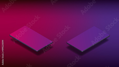 Two smartphones isometric with copy space on purple background. Banner template.