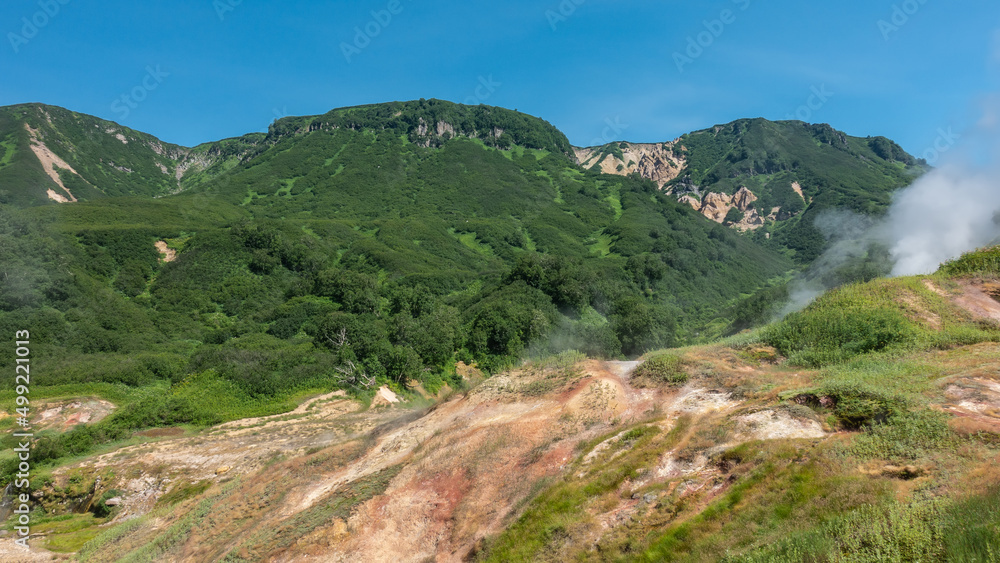 Fototapeta premium Picturesque mountains covered with green vegetation. Orange sulphurous deposits are visible on the slopes of the hill. Steam from the hot springs rises into the blue sky. Kamchatka. Valley of Geysers