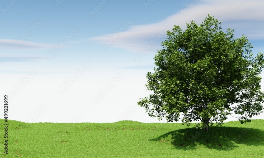 Big tree with blue sky background. Nature and landscape concept. 3D illustration rendering Big tree with blue sky background. Nature and landscape concept. 3D illustration rendering