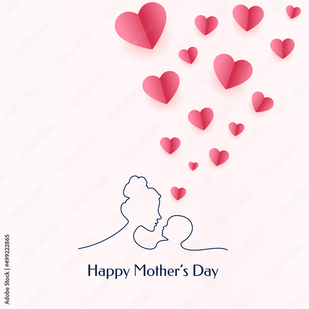 happy mother's day celebration card with mom and child and floating hearts