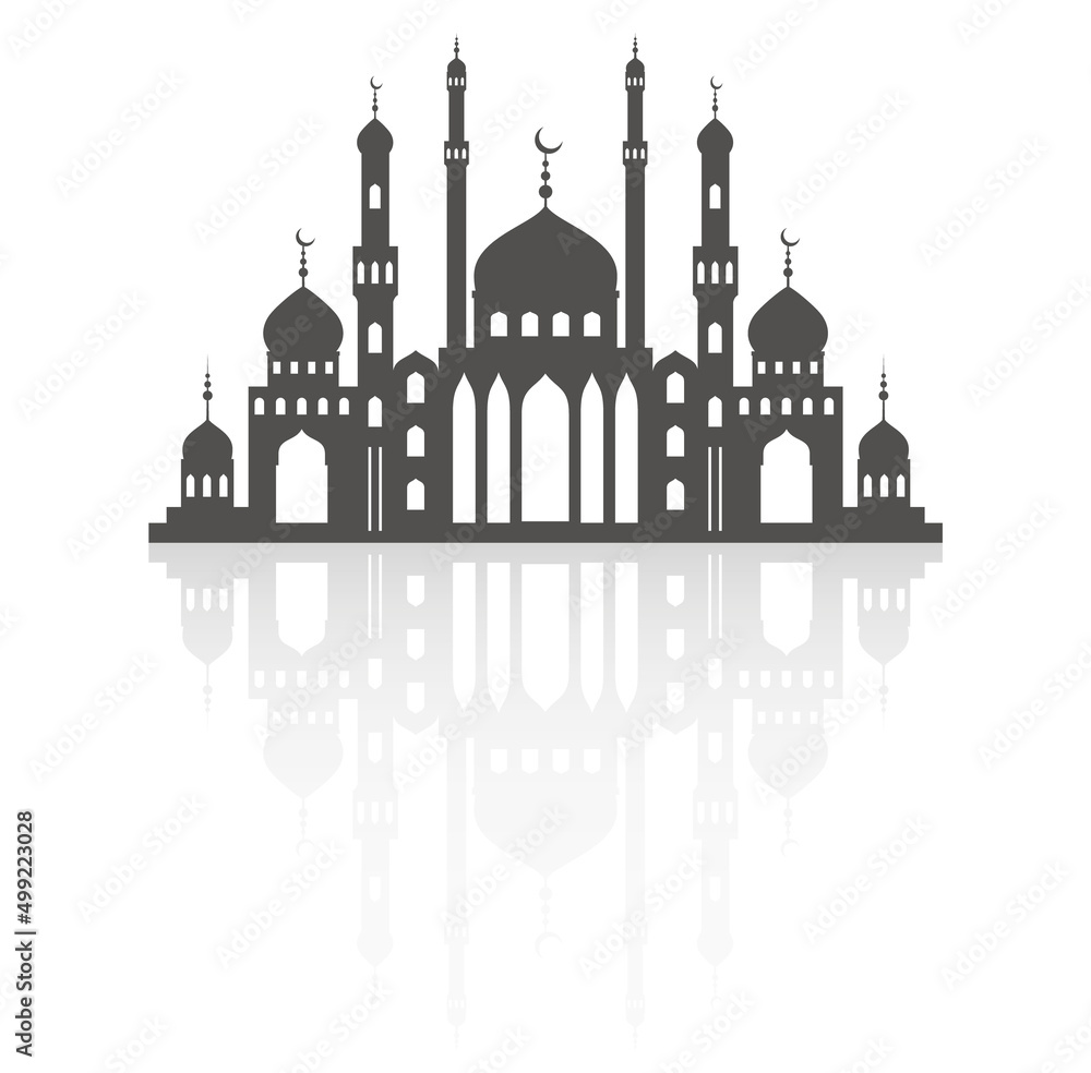Mosque with minarets on skyline. Islamic architecture silhouette. Istanbul cityscape with reflection isolated on white background.