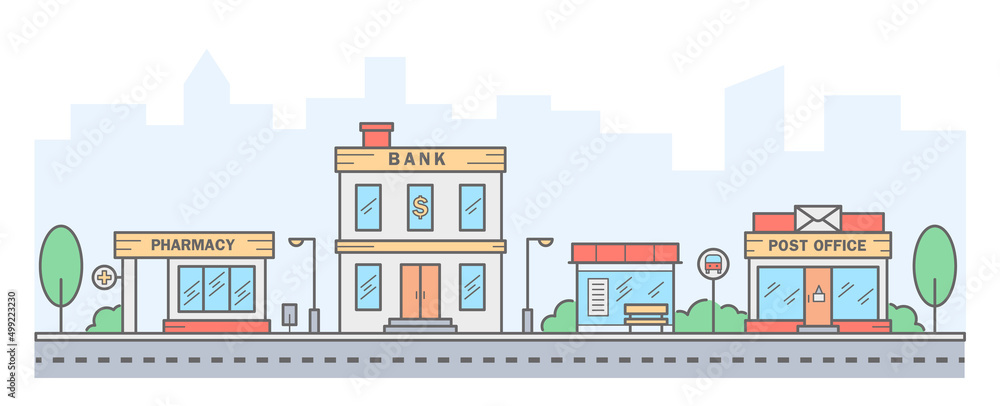 City skyline. Landscape with row houses of bank, pharmacy, bus stop and post office. Street horizontal panorama. Vector illustration