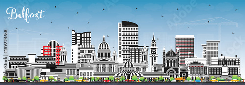 Belfast Northern Ireland City Skyline with Color Buildings and Blue Sky.