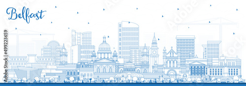 Outline Belfast Northern Ireland City Skyline with Blue Buildings.