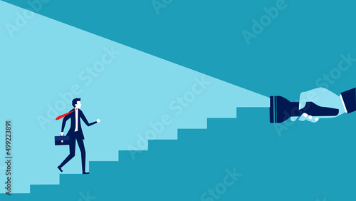 Light guides to success. Businessman walking up the stairs light © Nastudio