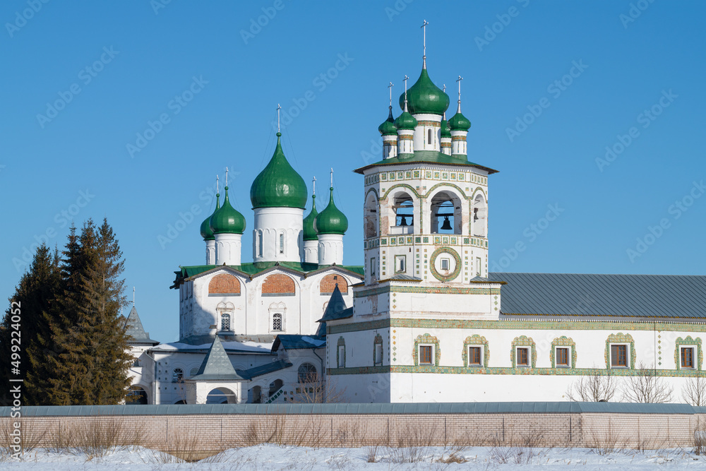 Cathedral Church of St. Nicholas the Wonderworker and the belfry of the Nikolo-Vyazhishchi monastery on a sunny March day. Novgorod region. Russia Cathedral Church of St. Nicholas the Wonderworker and the belfry of the Nikolo-Vyazhishchi monastery on a sunny March day. Novgorod region. Russia