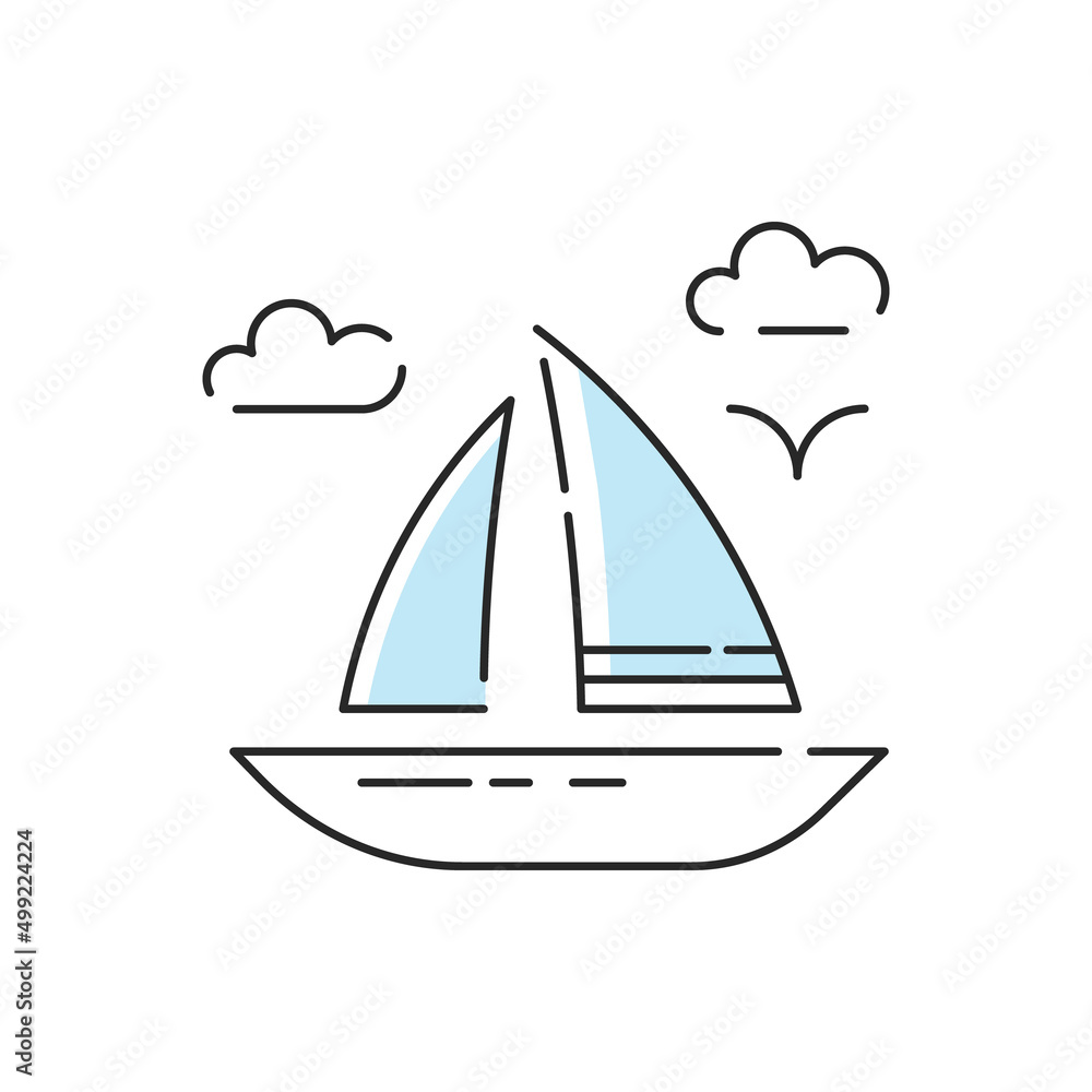 Fototapeta premium Ship or yacht icon. Vector outline boat silhouette. Simple line art voyage or cruise summer modern graphic for web design, mobile app, logo concept.