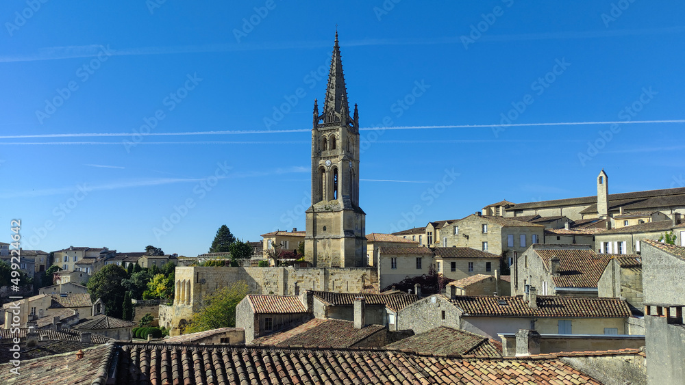 Bell Tower and Roofs of Saint Emilion - Unesco Heritage. Panoramic view of Saint Emilion. France