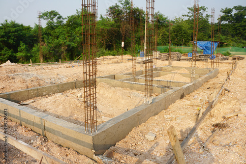 Ground beams for the foundations of buildings with reinforced concrete columns on construction site