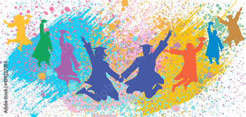Graduated at university, college. Crowd of jumping graduates in mantles with grunge splash blots. Cheerful people silhouette, vector illustration.
