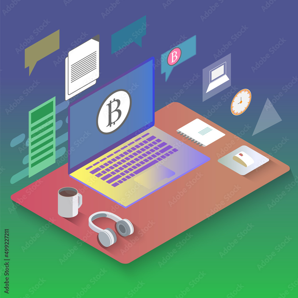 laptop computer with bitcoin display screen for copy space on working space, vector flat design illustration, vector isometric design laptop computer with bitcoin display screen for copy space on working space, vector flat design illustration, vector isometric design
