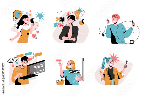 Flat vector illustration of people in digital marketing and content creator industrial concept. Influencer, Creative, Graphic designer, Programmer, Web developer, Editor. Occupation, Job set.  