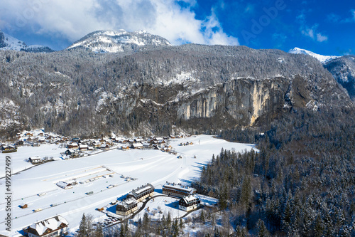Panorama aerial view of Dachstein-Krippenstein mountain. The plateau is the best place for snowshoeing, skiing, snowboarding and other extreme winter sports, Salzkammergut, Austria.