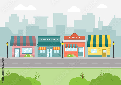 City landscape with buildings, colorful shops, and street. Cityscape flat design. Vector Illustration.