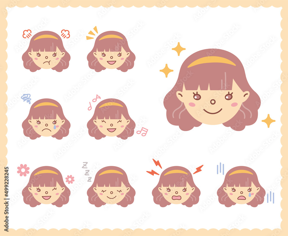 女性の喜怒哀楽の感情　顔アイコン　セット35