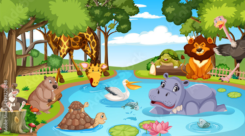 Wild animals cartoon characters in the forest scene