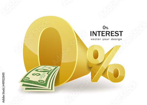 0% gold text pasted on white background and a dollar bill sticking out For advertising media, promotions, 0% interest,vector 3d isolated for financial concept design