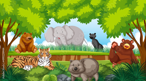 Forest scene with wild animals cartoon characters