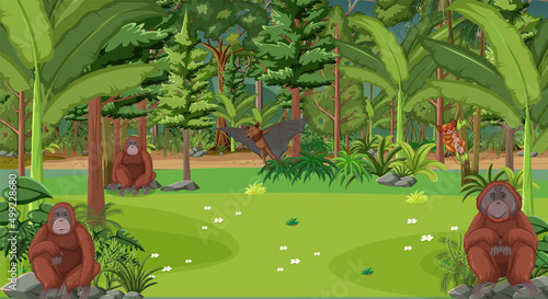 Orangutans cartoon character in the forest scene