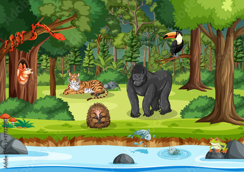 Wild animals in the forest scene